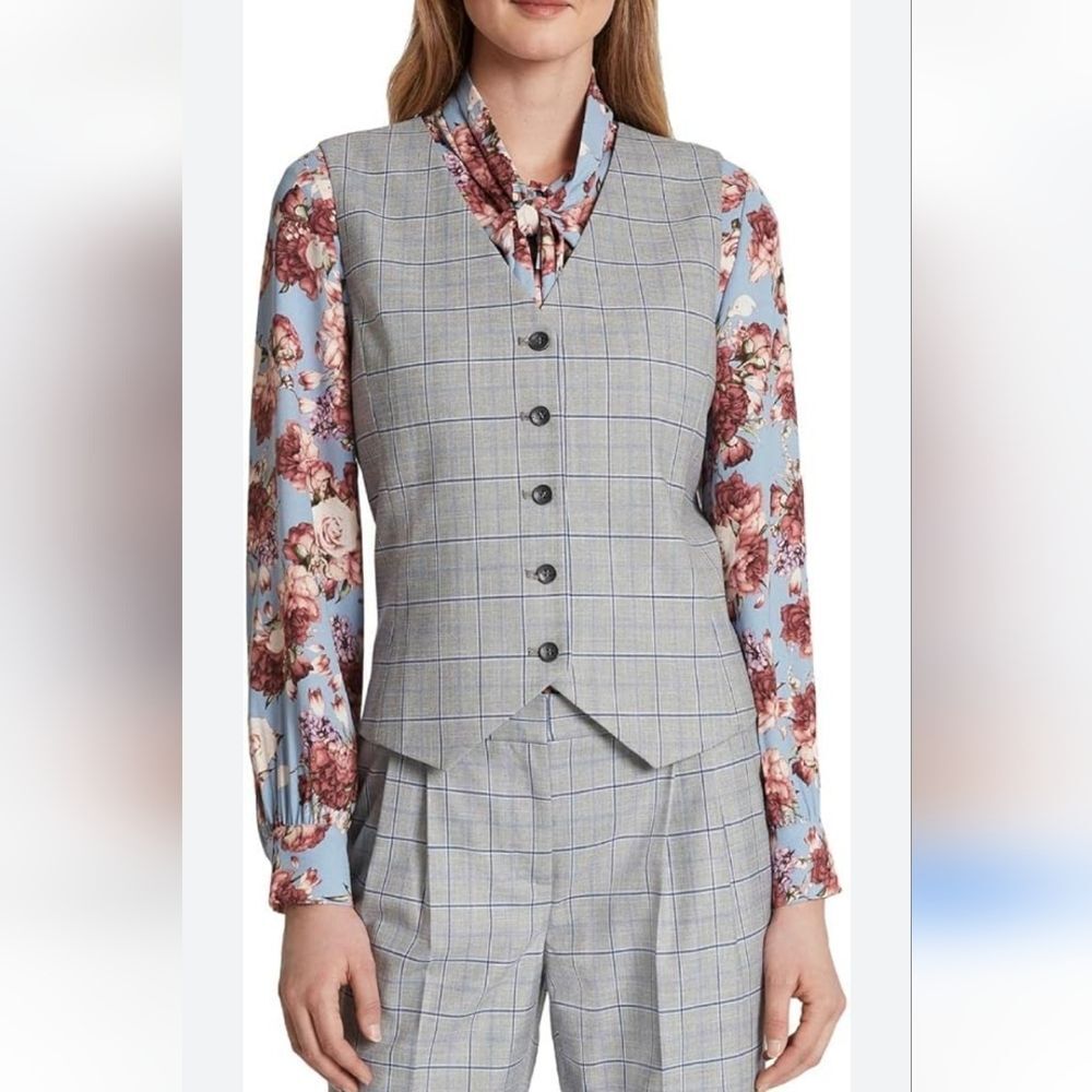 Tahari ASL Satin Back Plaid Vest Gray Blue Size 14